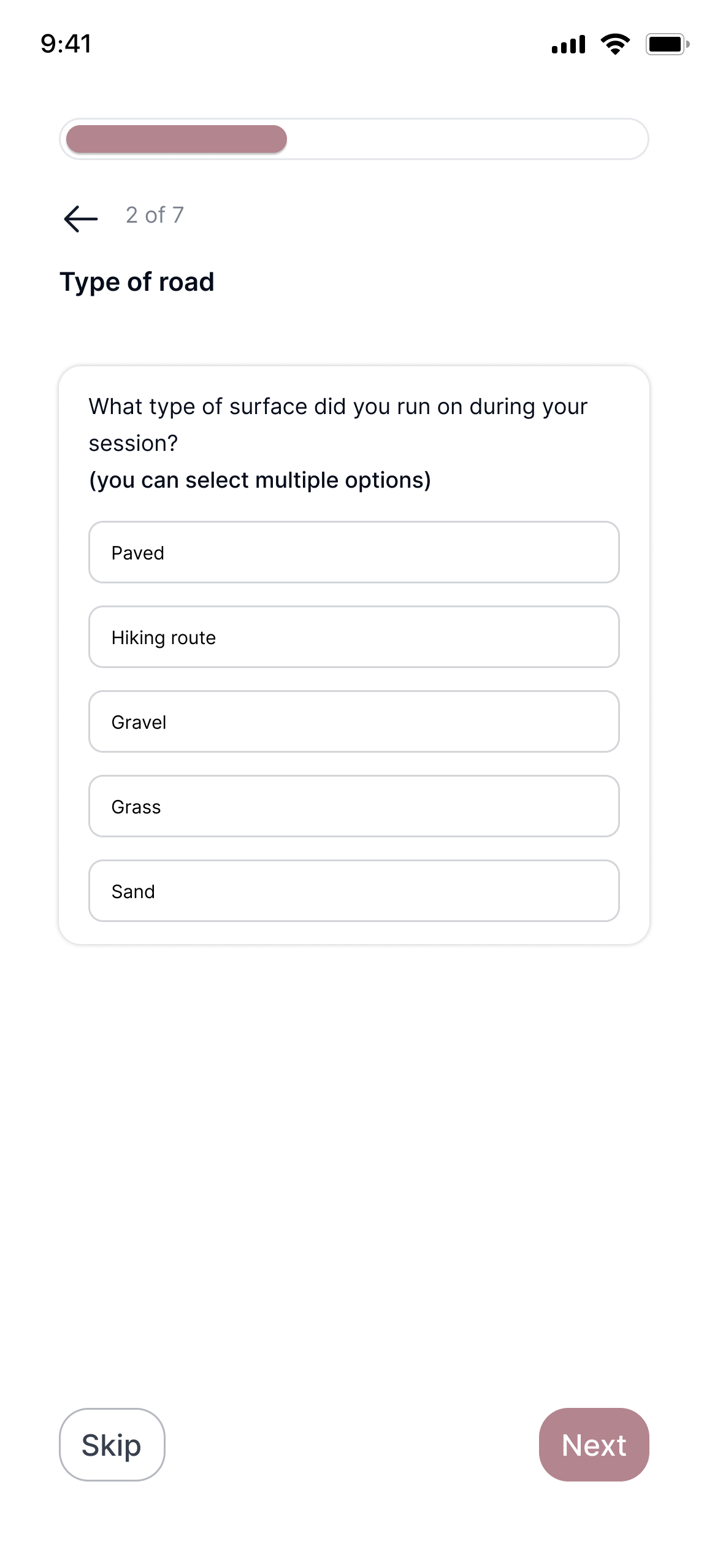 Road type questionnaire screen